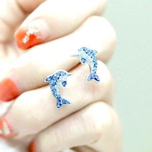 Adorable 925 Silver Cultured White & Blue Sapphire Dolphin Studs